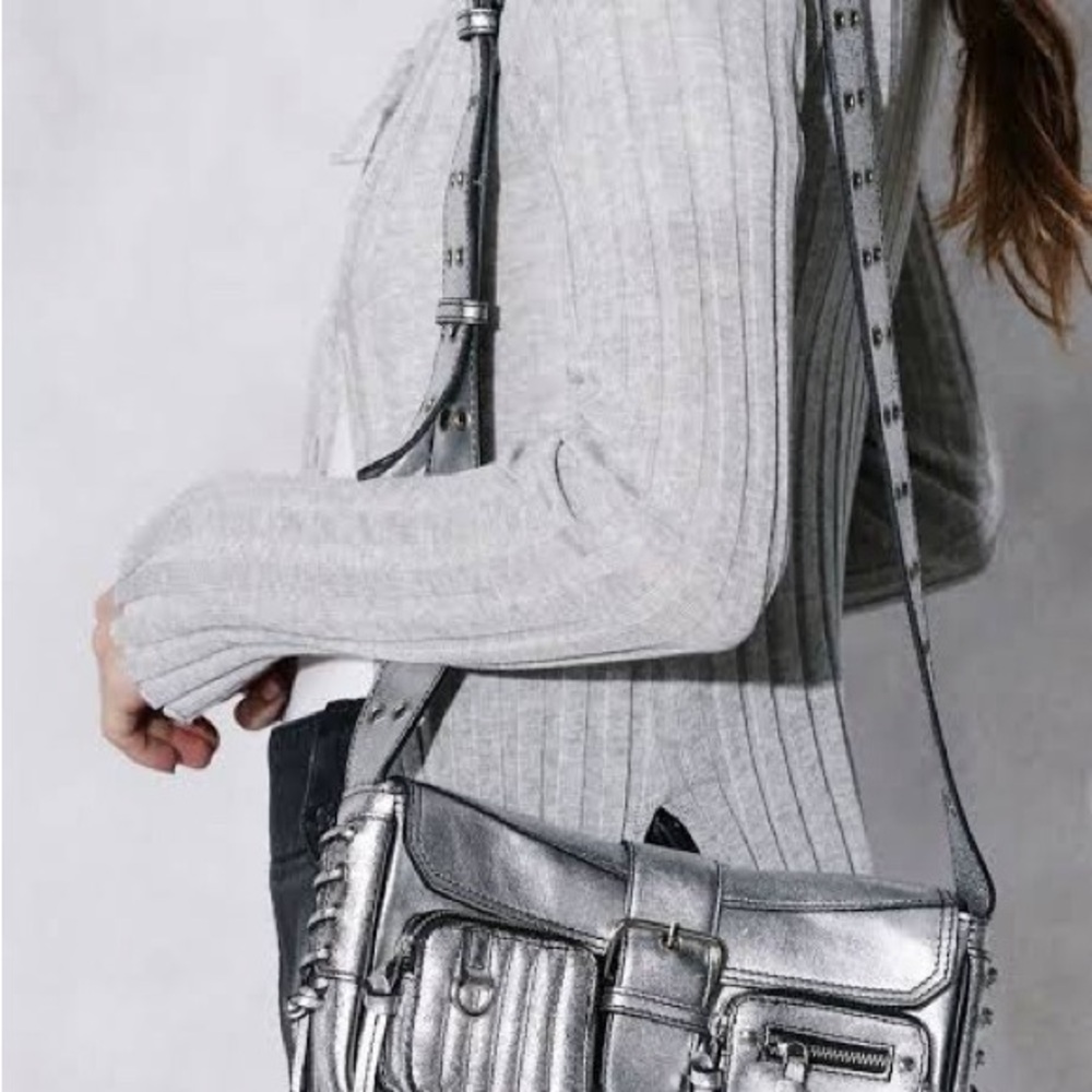Free People High Speed Silver Gunmetal Metallic Leather Shoulder Crossbody